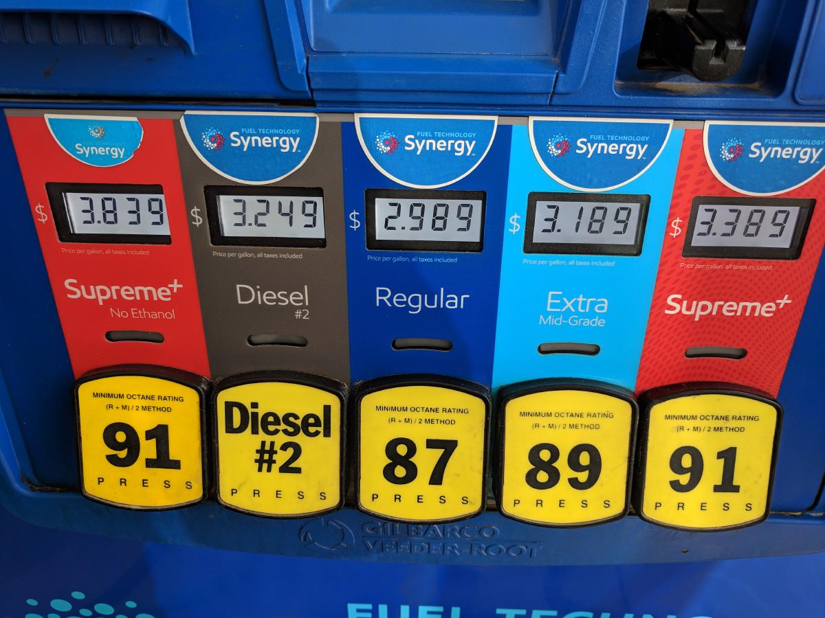 Gas pumps showing a premium no ethanol option at a 50¢ per gallon mark up
